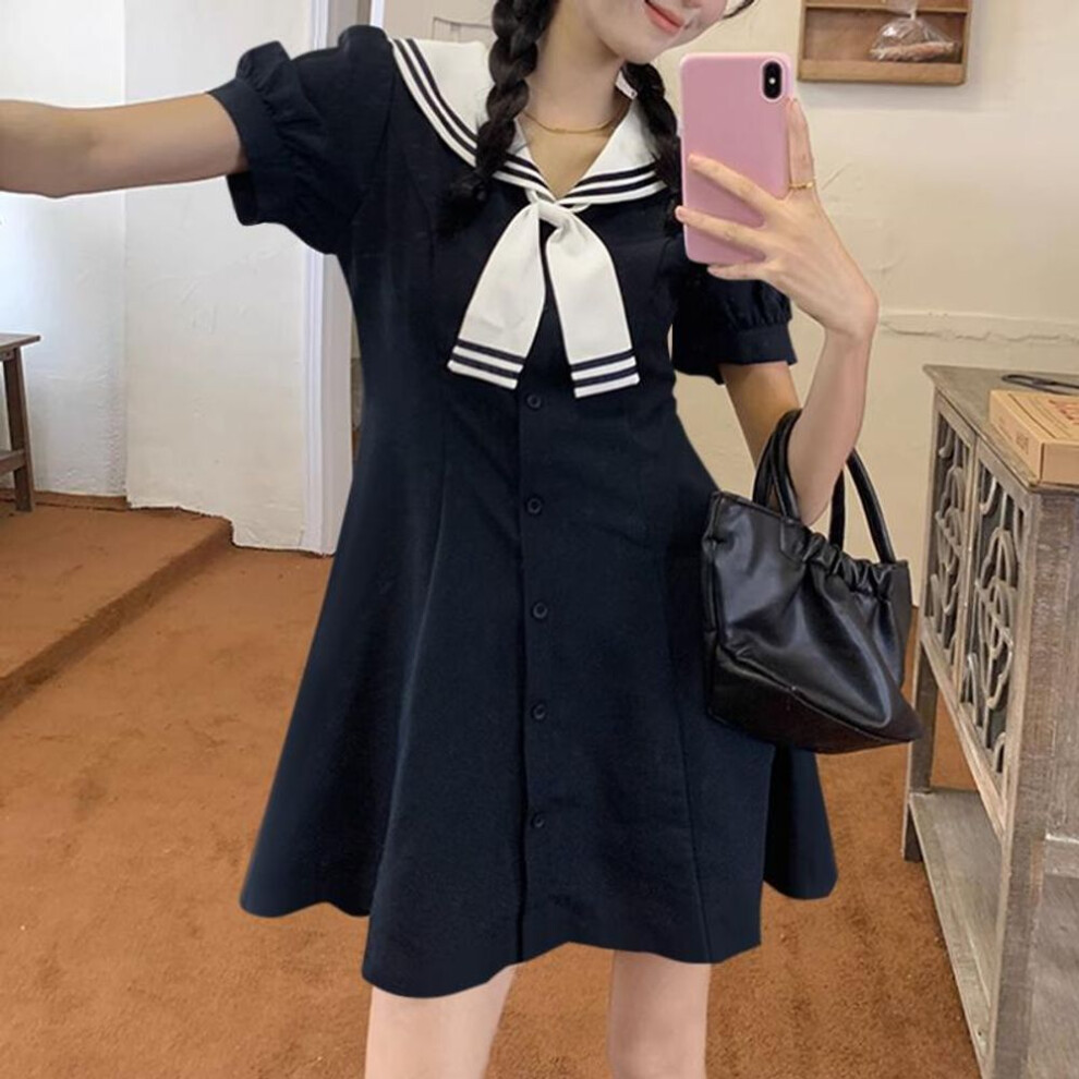 (dark blue, M) VONDA Women Summer Lapel Tie Short Sleeve Dresses