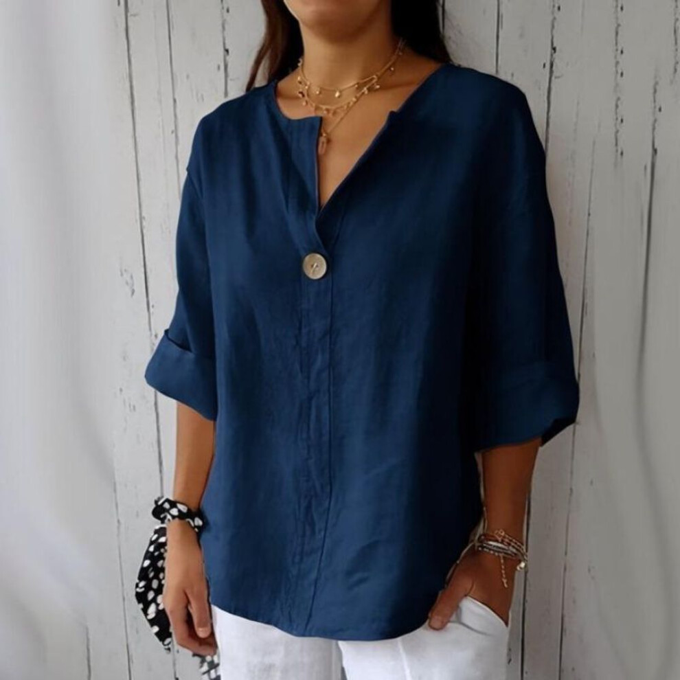 (3XL, navy) New Summer Tops Solid Loose V-neck Casual Shirts Women Cotton And Linen Seven Quarter Sleeve Plus Size Blouses Women Elegant Slim Pullover Shirt 26456