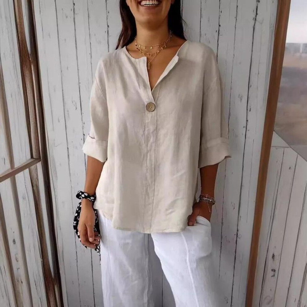 (XL, apricot) New Summer Tops Solid Loose V-neck Casual Shirts Women Cotton and Linen Seven Quarter Sleeve Plus Size Blouses Women Elegant Slim Pullover Shirt 26456