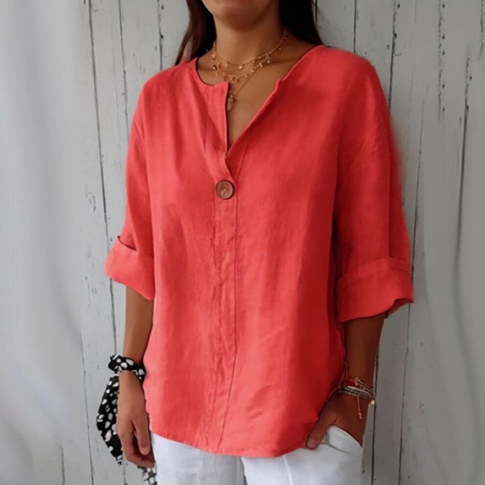 (3XL, red) New Summer Tops Solid Loose V-neck Casual Shirts Women Cotton And Linen Seven Quarter Sleeve Plus Size Blouses Women Elegant Slim Pullover Shirt 26456