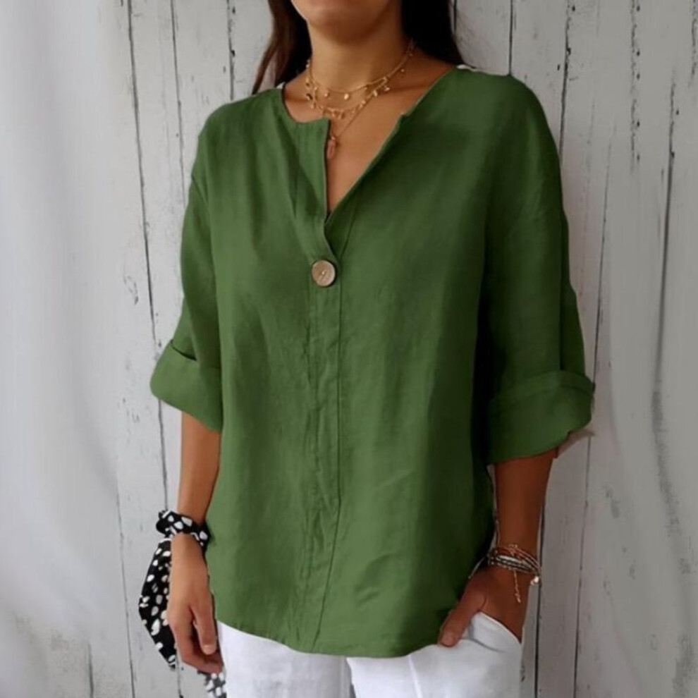 (L, green) New Summer Tops Solid Loose V-neck Casual Shirts Women Cotton and Linen Seven Quarter Sleeve Plus Size Blouses Women Elegant Slim Pullover Shirt 26456