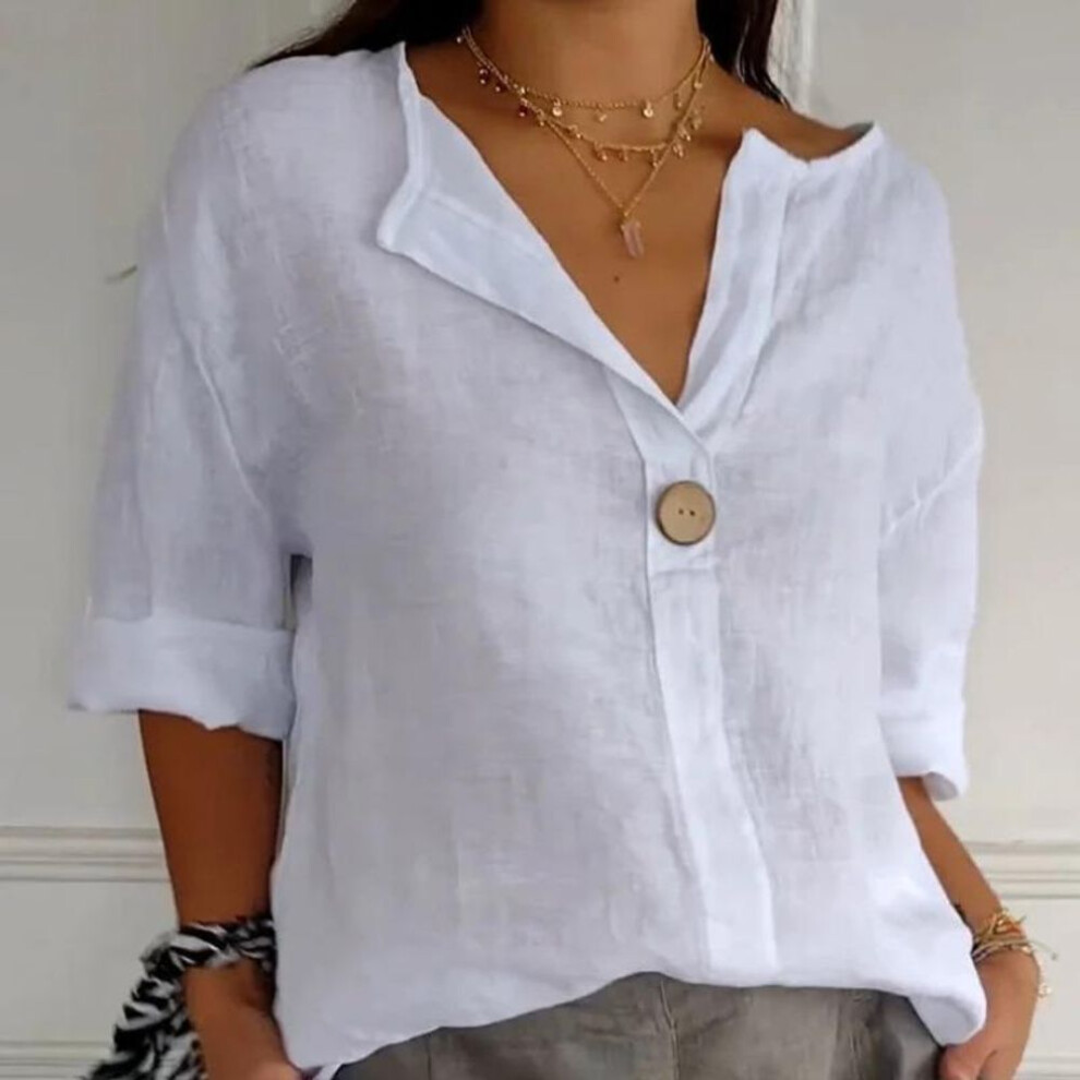 (4XL, white) New Summer Tops Solid Loose V-neck Casual Shirts Women Cotton And Linen Seven Quarter Sleeve Plus Size Blouses Women Elegant Slim Pullover Shirt 26456