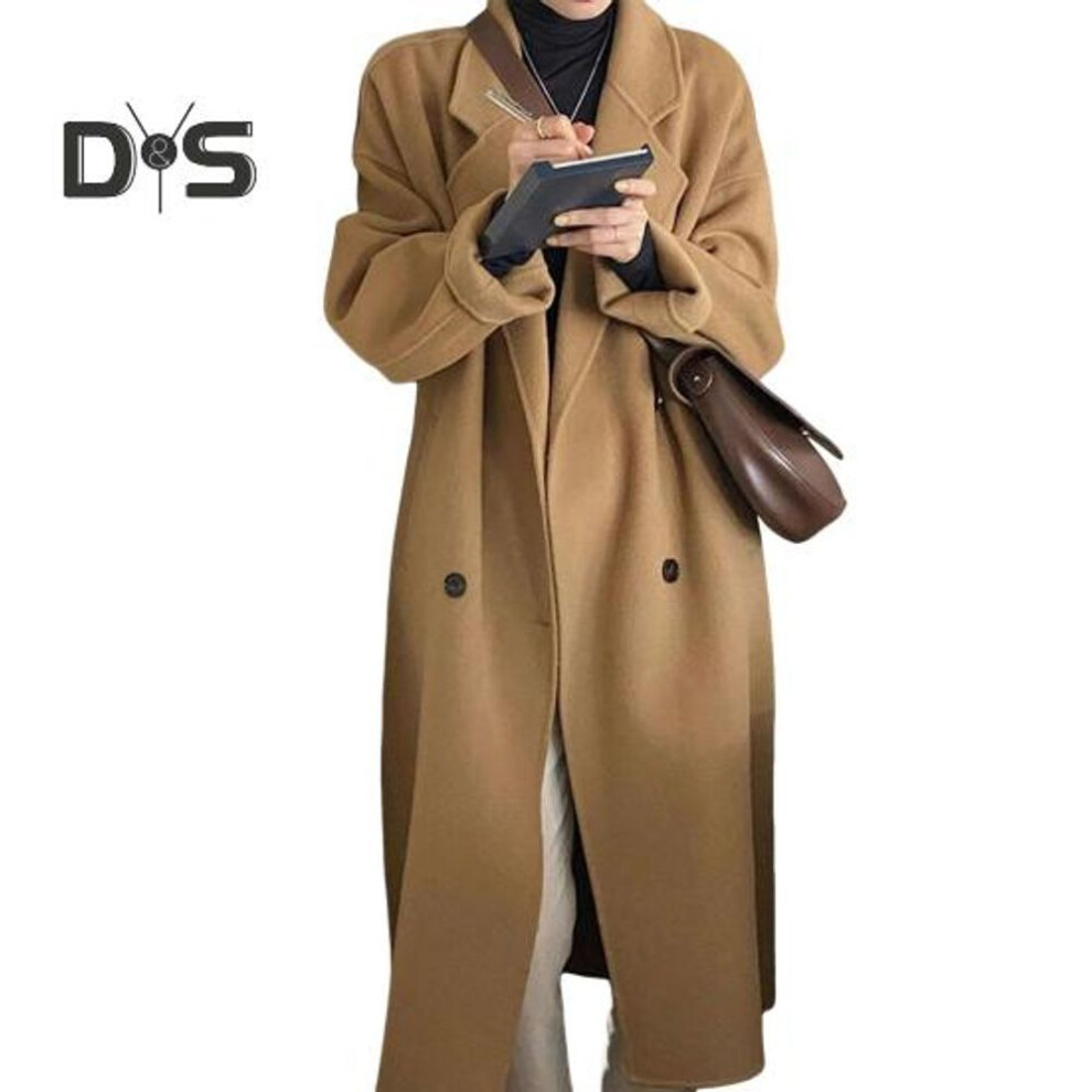 (camel, XL) Women Winter Overcoat Double-breasted Turn-down Collar Long Sleeves Buttons Loose Cardigan Mid Length Outdoor Woolen Coat