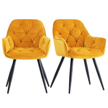 Set of 2 Dining Chairs Velvet Padded Seat Yellow