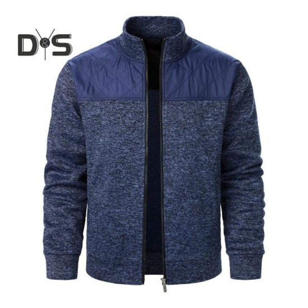 (navy blue, 3XL) Fall Winter Men Jacket Knitted Patchwork Zipper Closure Stand Collar Cardigan Long Sleeves Mid Length Slim Fit Thermal Coat