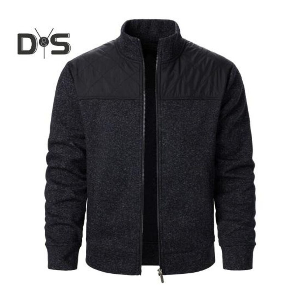 (black, L) Fall Winter Men Jacket Knitted Patchwork Zipper Closure Stand Collar Cardigan Long Sleeves Mid Length Slim Fit Thermal Coat