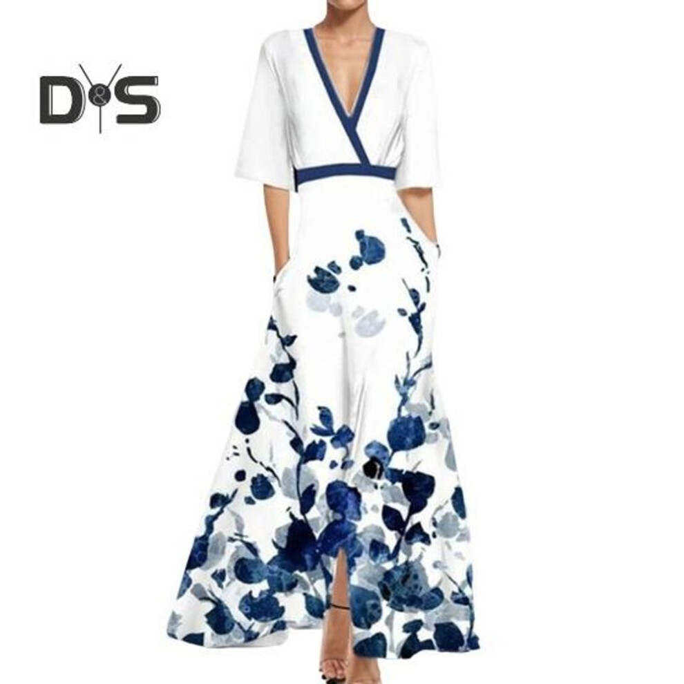 (white, M) Women Floral Print Boho Maxi Dress Casual Short Sleeve V Neck Midi Dress Female Summer Beach A Line Long Dress