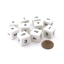 Set med 10 D6 sexsidiga 16 mm ogenomskinliga numrerade trningar - vit med svarta siffror