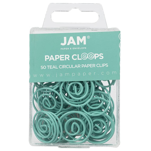 JAM PAPER Circular Paper Clips - Round Paperclips - Teal - 50/Pack