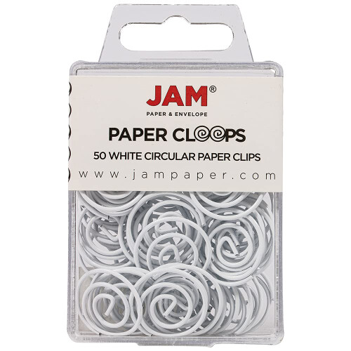 JAM PAPER Circular Paper Clips - Round Paperclips - White - 50/Pack