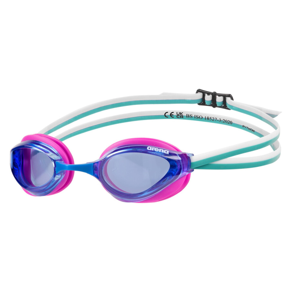 ARENA Unisex Python Racing Swim Goggles for Men and Women Anti-Fog Non-Mirror Lens Max Comfort Dual Strap Blue/Fuchsia/Water