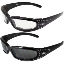 Global Vision 2 paar Marilyn-3 dames dames gewatteerde motorzonnebril Bling zwart bezaaid frame met heldere en rookkleurige lenzen