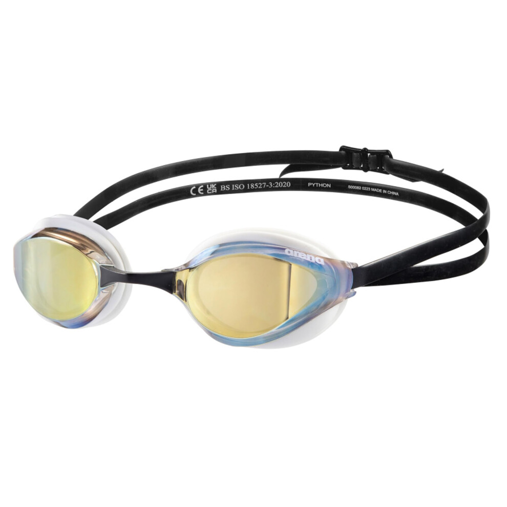 ARENA Unisex Adults Python Racing Swim Goggles for Men and Women Anti-Fog Mirror Lens Max Comfort Dual Strap  Gold/White/Black