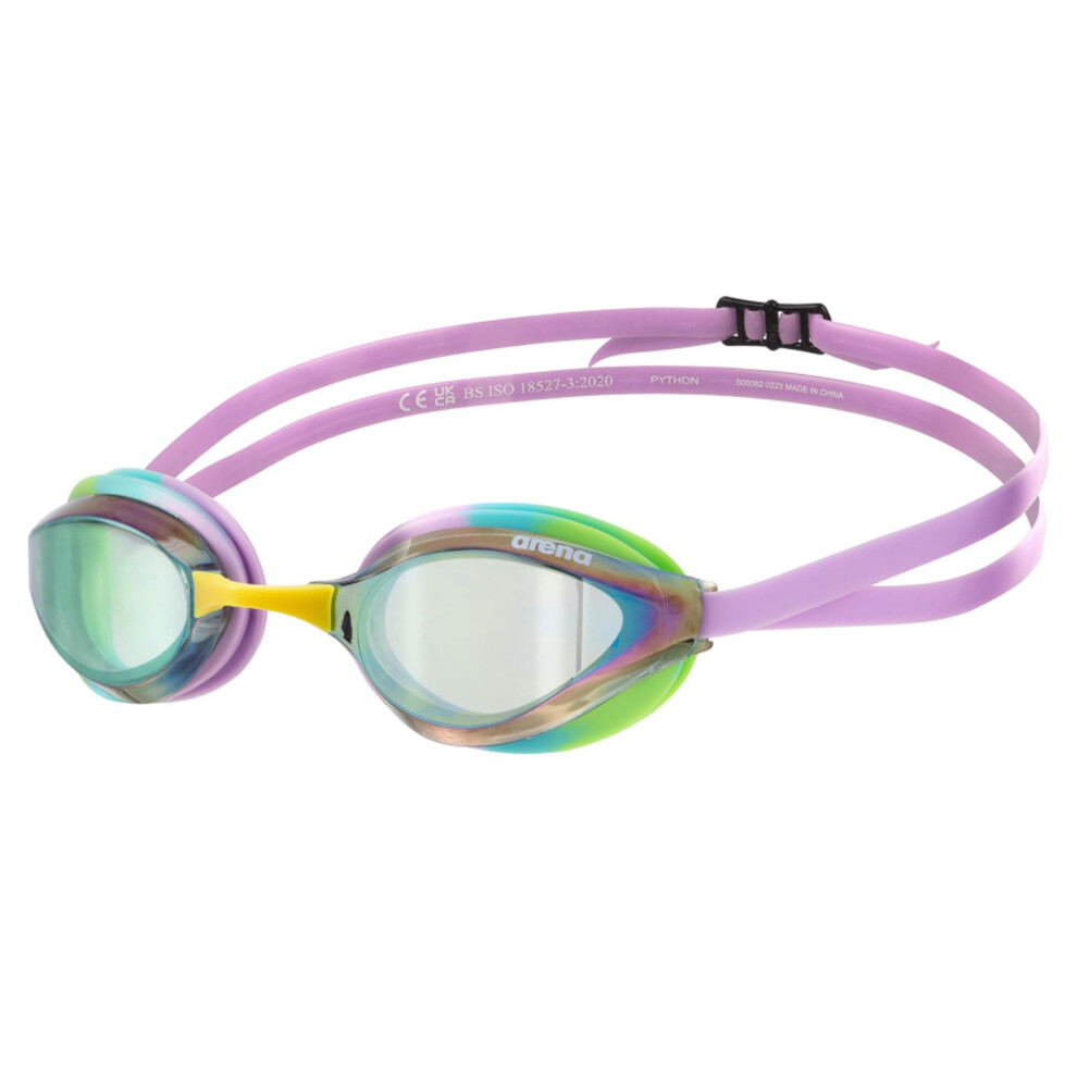 ARENA Unisex Adults Python Racing Swim Goggles for Men and Women Anti-Fog Mirror Lens Max Comfort Dual Strap  Green/Violet/Green