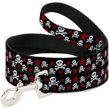 Buckle-Down Pet Leash - Skulls & Stars Black/White/Red - 6 Feet Long - 1"""" Wide