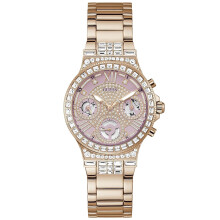 Reloj deportivo multifunciσn GUESS para mujer, con cristales, de 36 mm, esfera rosa y caja y pulsera de acero inoxidable en tono oro rosa.