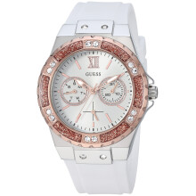Montre en Acier Inoxydable GUESS + Rose Doré, Silicone Résistant à Taches, Jour + Date. Couleur: Blanc (Modèle: U1053L2)