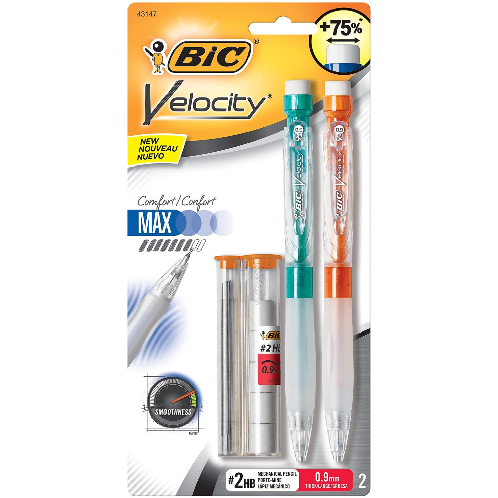 BIC Velocity Max Mechanical Pencils  With Colorful Barrel  Medium Point (0.7mm)  2-Count Pack Mechanical Pencils With Erasers and Lead Refills