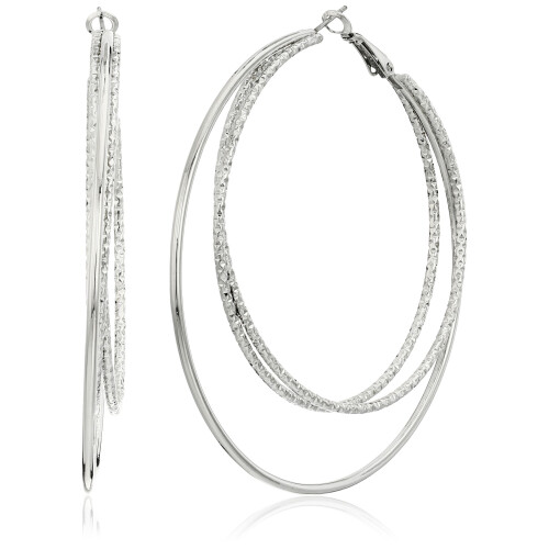 Guess Guess Smooth and Textured Wire Silver Hoop Earrings
