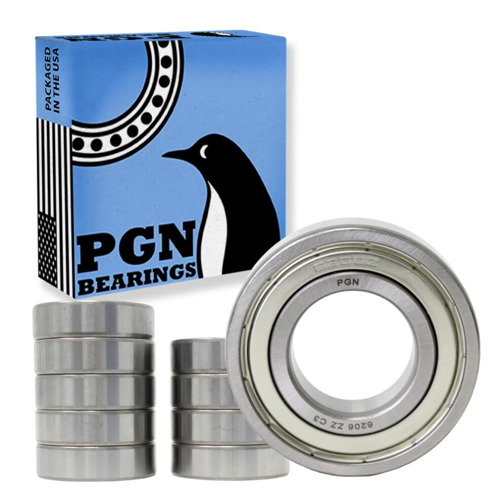 Pgn (10 Pack) 6206-Zz Bearing - Lubricated Chrome Steel Sealed Ball Bearing - 30X62x16mm Bearings With Metal Shield & High Rpm Support 760655019726