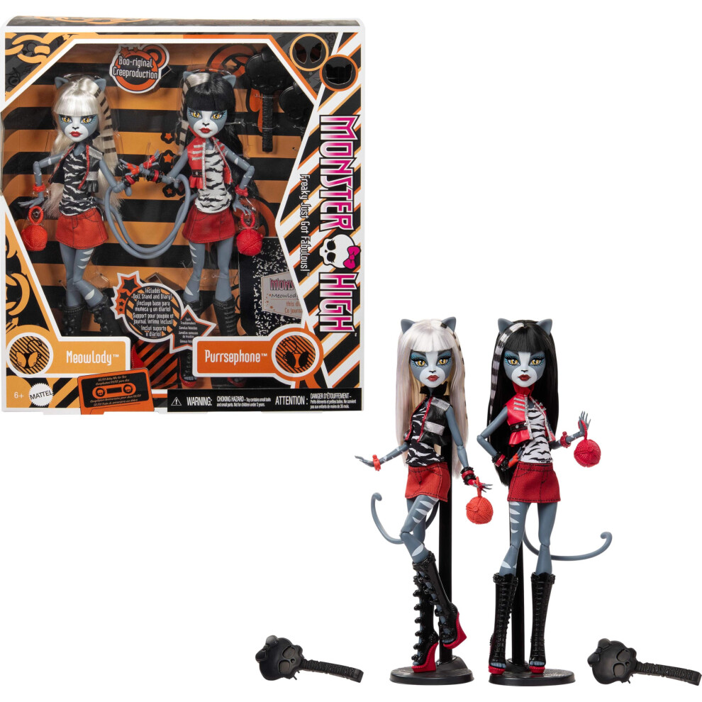 Monster High Boo-Riginal Creeproduction Doll 2-Pack, Meowlody And Purrsephone Collectible Reproductions With Doll Stands And Diary