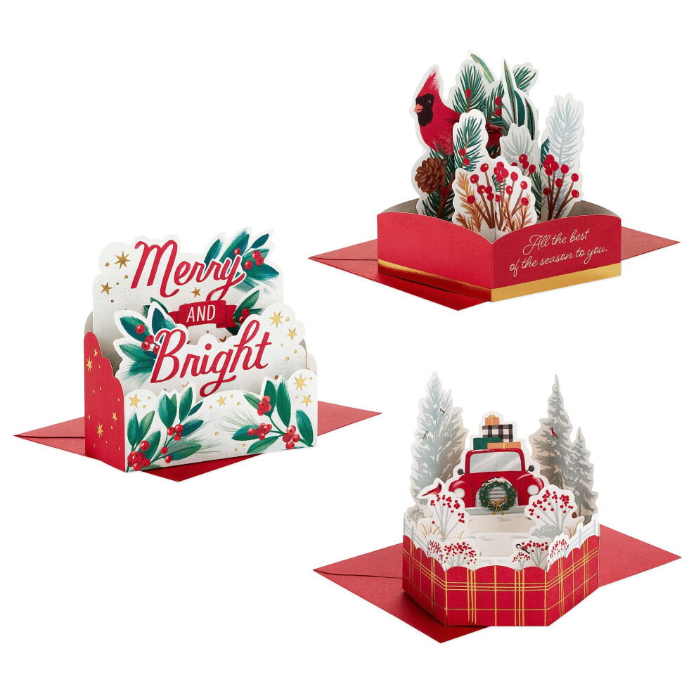 Cartes De No L Pop-Up Hallmark Paper Wonder (3 Cartes Avec Enveloppes : Red Truck Cardinal Merry And Bright)-image