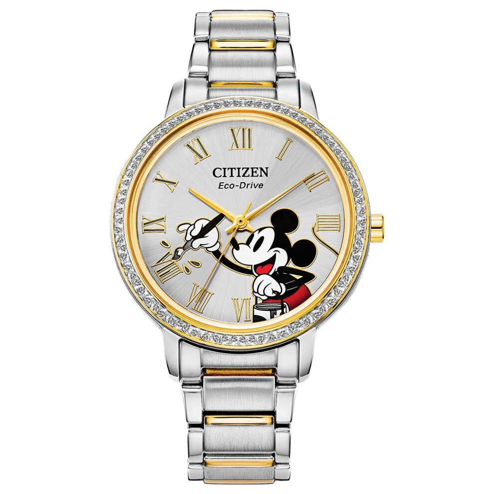 Citizen Eco-Drive Ladies' Mickey Mouse Crystal Watch  Two Tone Gold Stainless Steel  3-Hand  36mm (Model: FE7044-52W)