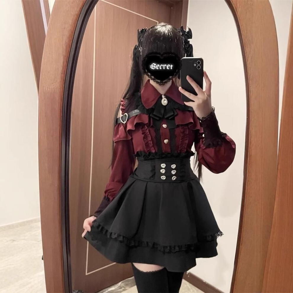 (red, S) Dark Girl Three Color Shoulder Out Shirt High Waist Half Skirt Two Piece Set Lolita