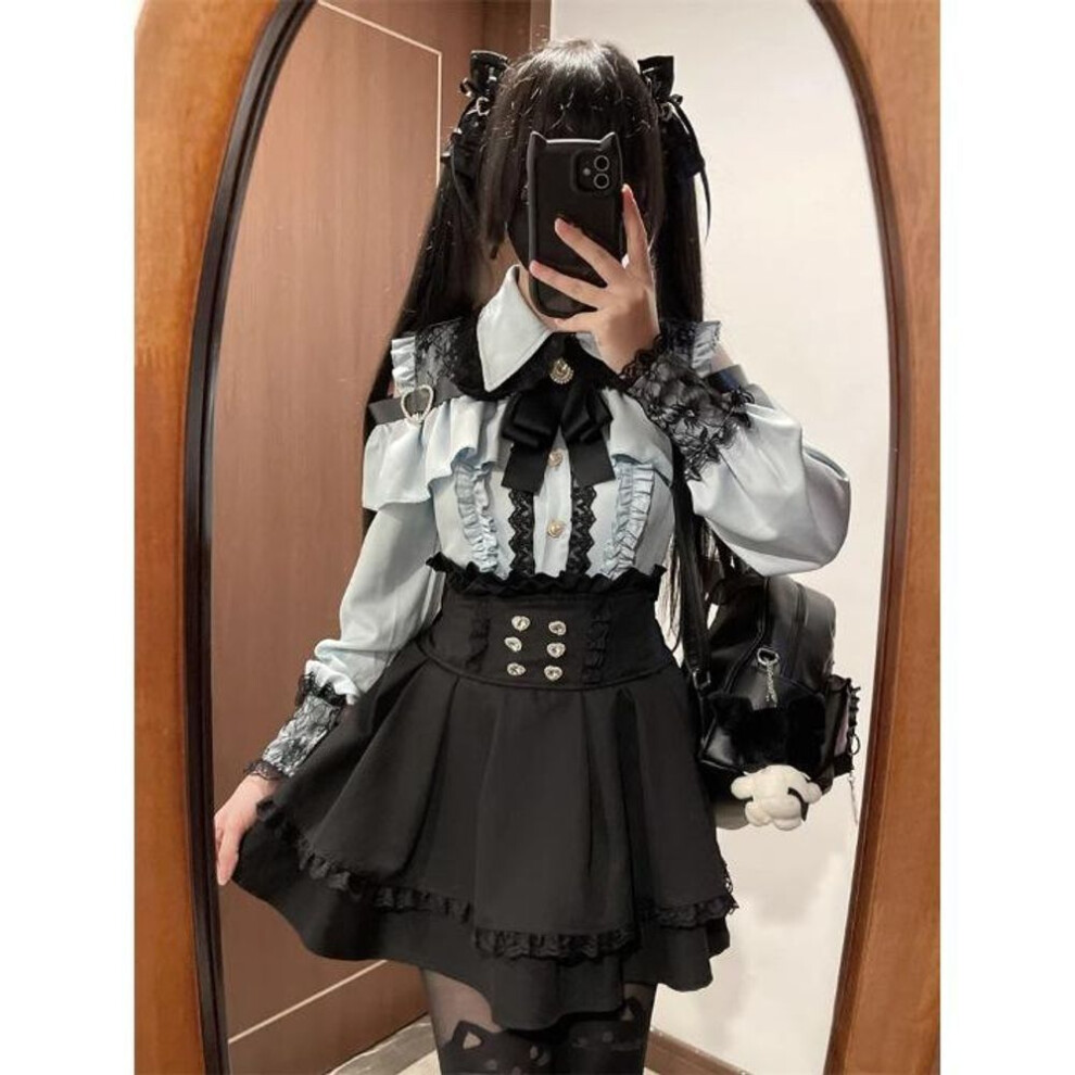 (blue, XS) Dark Girl Three Color Shoulder Out Shirt High Waist Half Skirt Two Piece Set Lolita