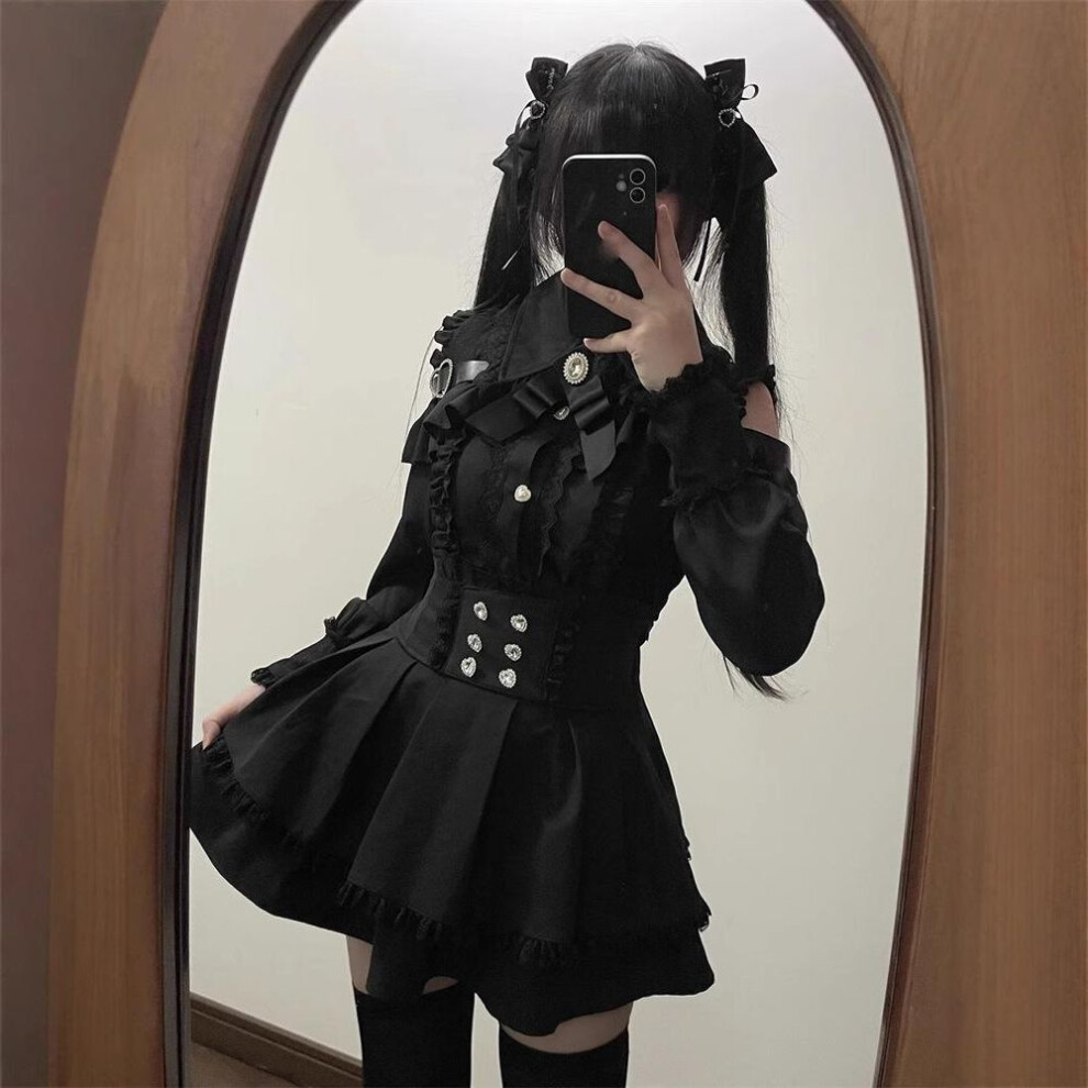 (black, XL) Dark Girl Three Color Shoulder Out Shirt High Waist Half Skirt Two Piece Set Lolita