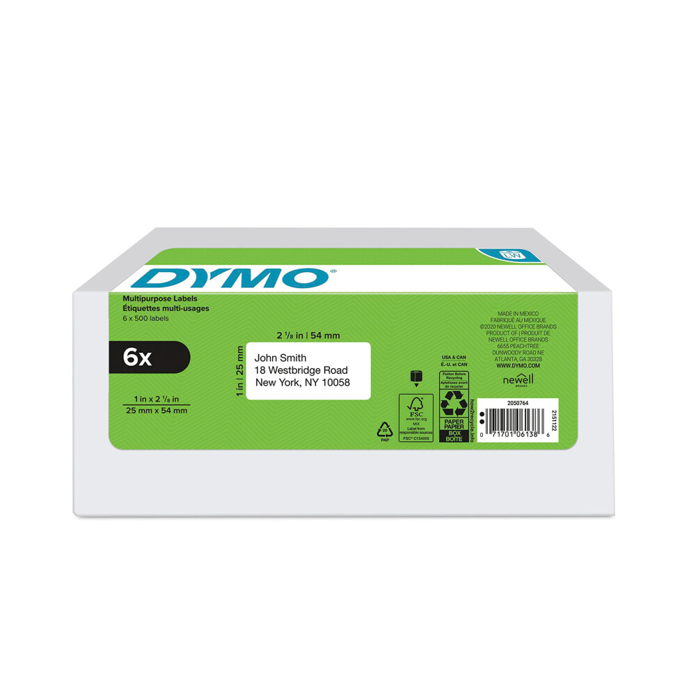 DYMO Authentic LW Multi-Purpose Labels for LabelWriter Label Printers  White  1"""" x 2-1/8""""  6 Rolls of 500 (3000 Total)-image-OPC-PFMW6N5-NEW