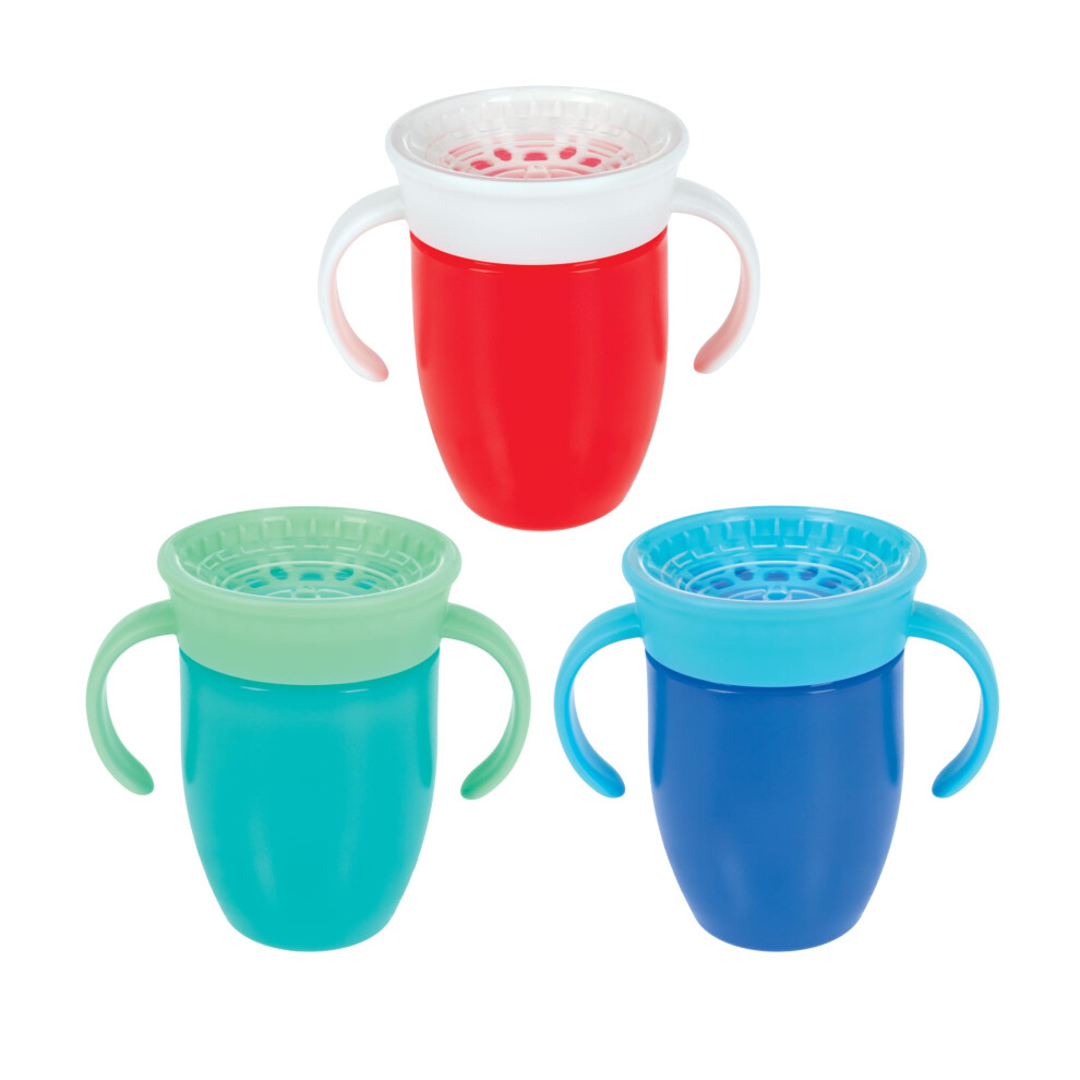 Nuby Wonder Cup with 360 Smart Edge Silicone Rim - (3-Pack) 7 oz - Green/Red/Aqua