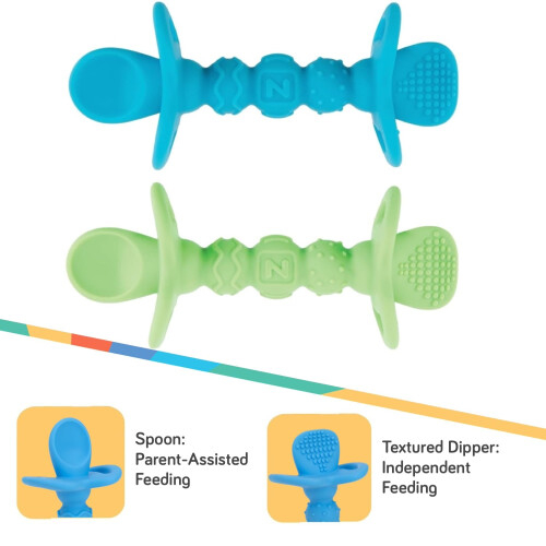 Nuby Nuby Dipeez 2 in 1 Silikonlöffel/Dipper, 2er-Pack, Blau/Grün 2