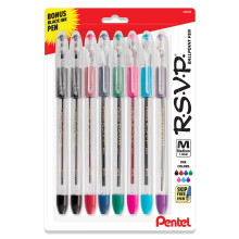 Pentel RSVP Original -kuulak   rkikyn    (1,0 mm), keskikokoinen viiva, lajiteltu mustev   ri, kirkas runko, 8 kyn   n pakkaus, bonusmustekyn