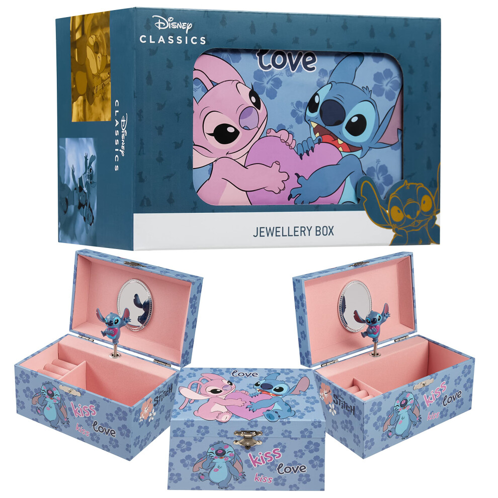 Disney Stitch Musical Jewelry Box for Girls  Cute Kids Jewelry Organizer with Wind Up Musical Feature and Ring Slots - Angel & Stitch Gifts for Girls