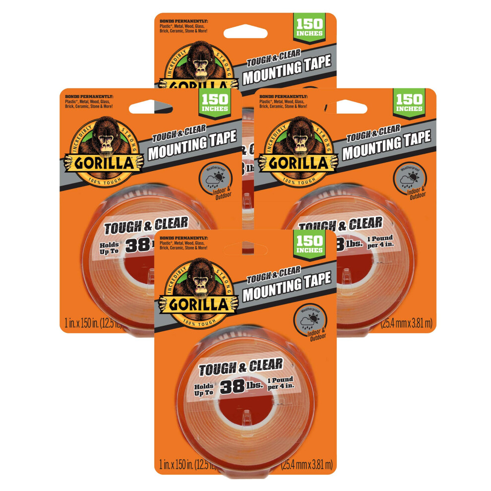 Gorilla Tough & Clear Double Sided Adhesive Mounting Tape  Extra Large  1"""" x 150""""  Clear  (Pack of 4)