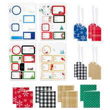 Etiquetas de Regalo Navideñas Hallmark con Cinta, Sellos Adhesivos y Notas (Cuadros Elegantes, Copos de Nieve, Cardenales)