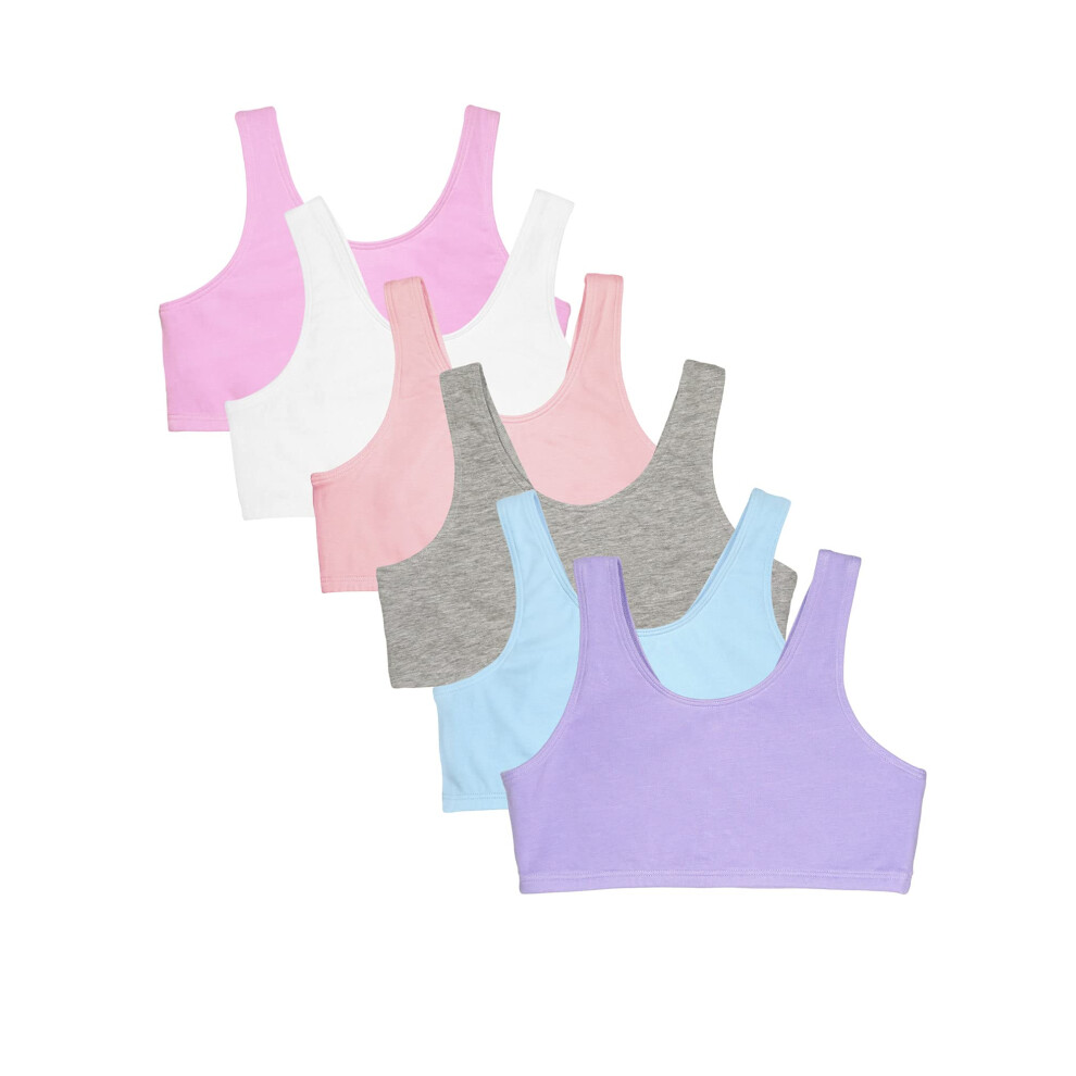 Fruit of the Loom Girls' 6-Pack Cotton Built-up Stretch Sports Bra  Hyacinth/Eyeshadow/Grey Heather/White/Lilac/Blushing Rose  30