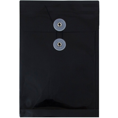 JAM PAPER Plastic Envelopes with Button & String Tie Closure - 6 1/4 x 9 1/4 - Black - 12/Pack