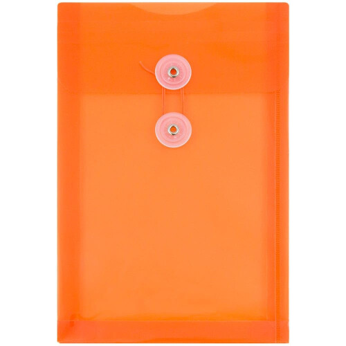 JAM PAPER Plastic Envelopes with Button & String Tie Closure - 6 1/4 x 9 1/4 - Bright Orange - 3/Pack