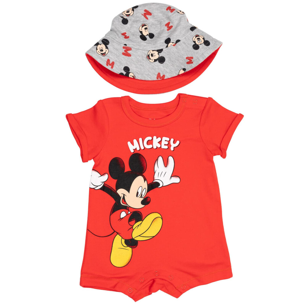 Disney Mickey Mouse Newborn Baby Boys Romper and Bucket Sun Hat Red Newborn