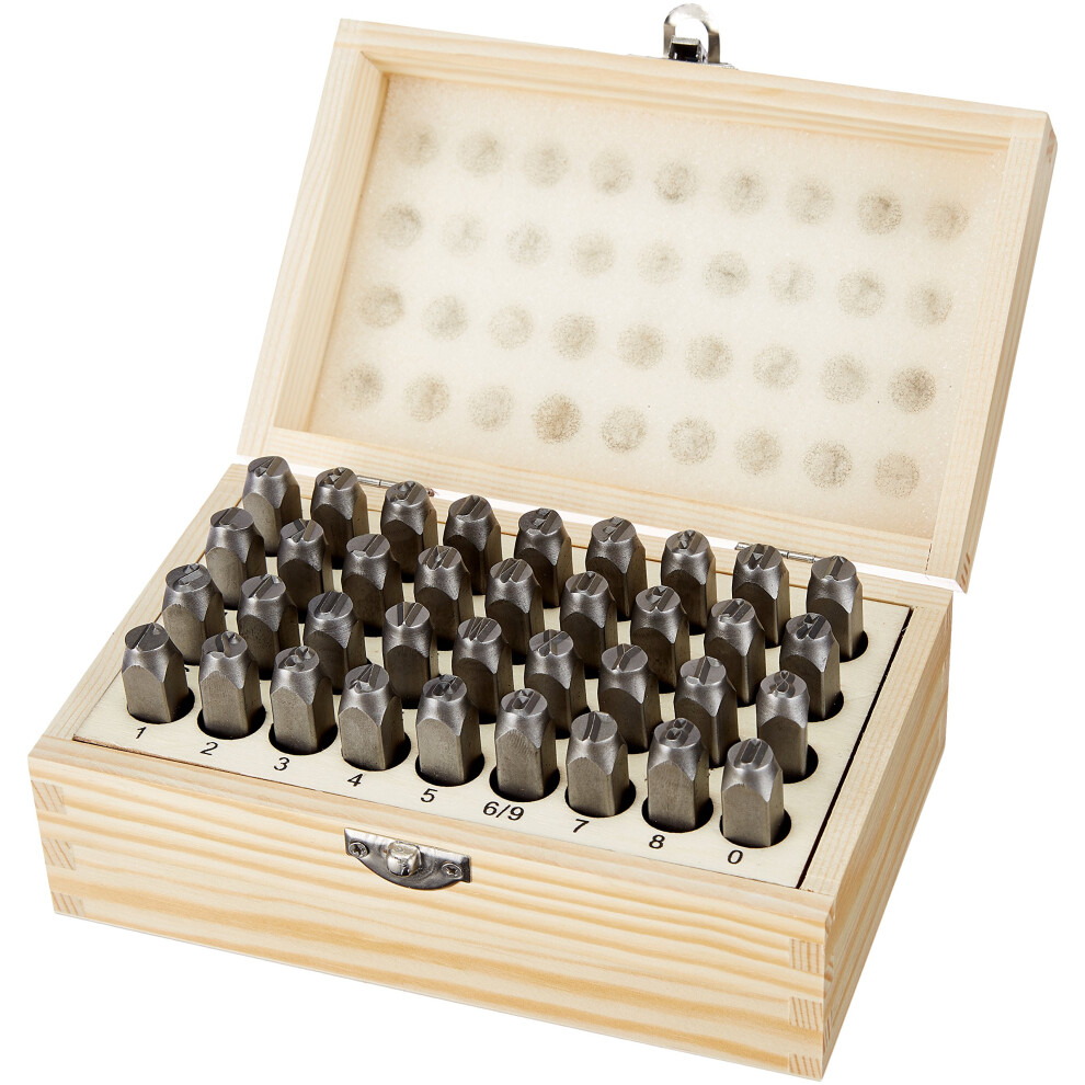 Amazon Basics Metal Alphabet and Number 36 Piece Stamp Kit with Wood Case  5/16 inch
