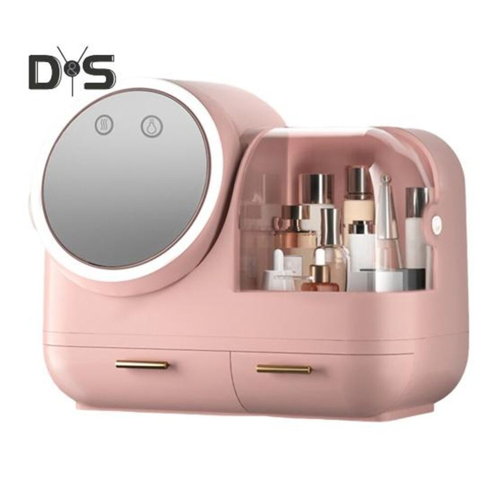 (pink) Dustproof Makeup Storage Box With Led Mirror Large Capacity Multiple Compartments Countertop Makeup Storage Organizer