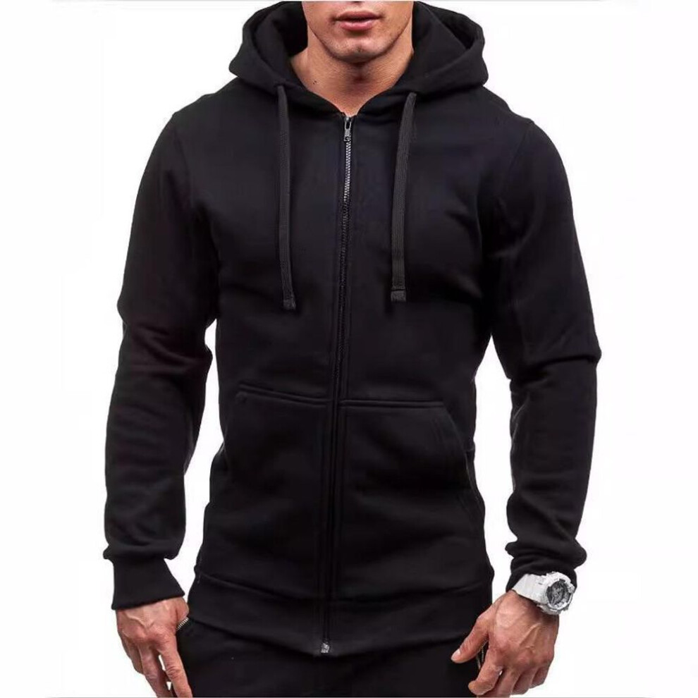 (black, XXXL) 2024 Men's Solid Color Zipper Hoodie Cardigan Sweatshirt
