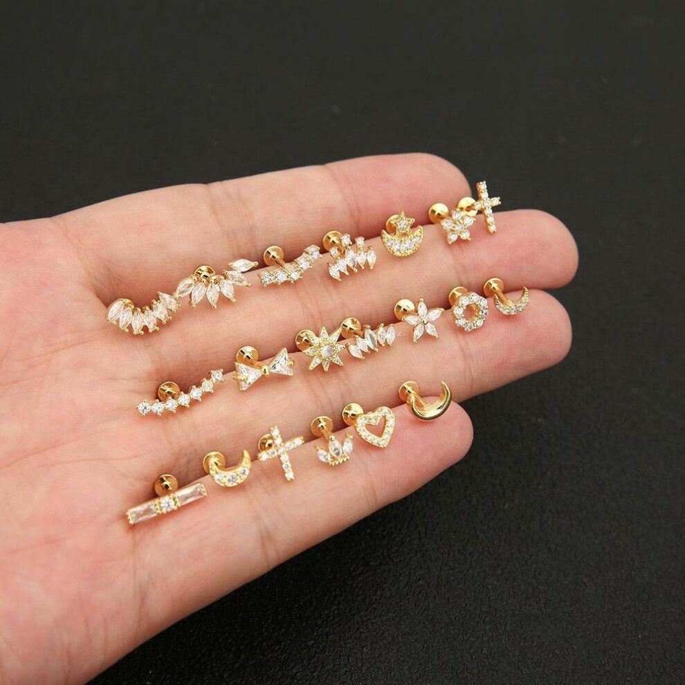 (silver, 16#) Copper Rod Zircon Crown Stud Earrings - Love Moon Design, Unique Fashionable Pierced Jewelry