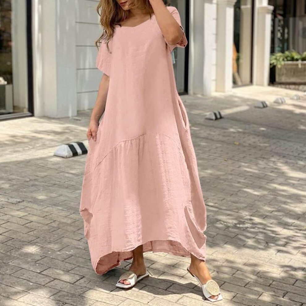 (pink, XL) Women V Neck Short Sleeve Loose Cotton Linen Dress Summer Fashion Female Oversized S-5XL Long Maxi Dress