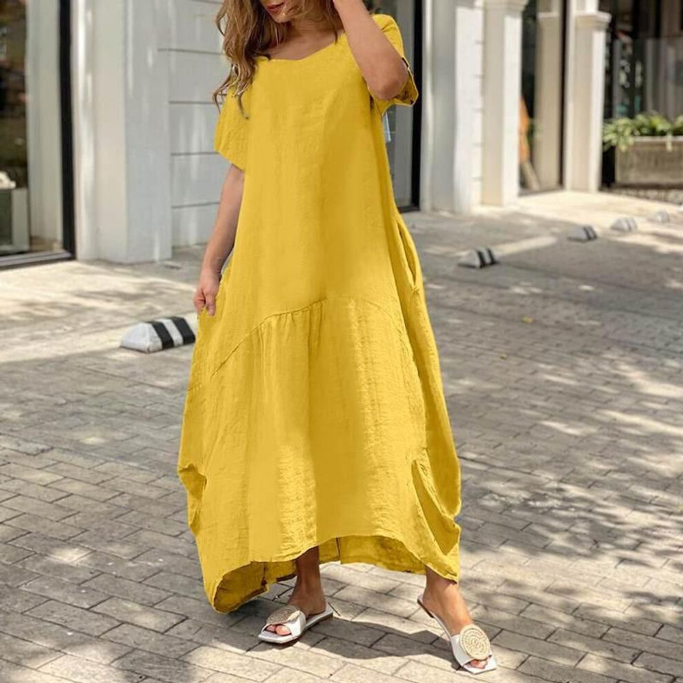 (yellow, XL) Women V Neck Short Sleeve Loose Cotton Linen Dress Summer Fashion Female Oversized S-5XL Long Maxi Dress