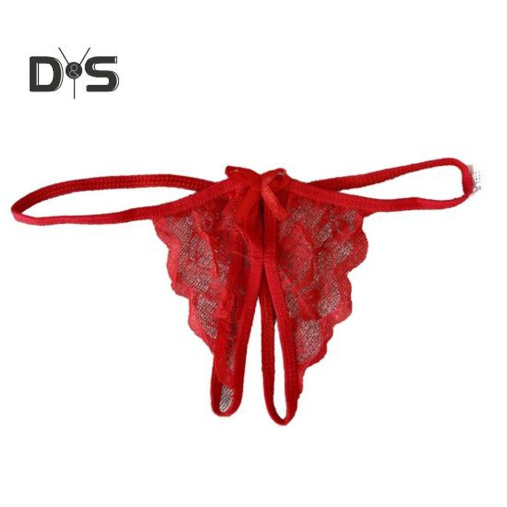 (red) Women Panties Lace Open Crotch See Through Bow Knot Decor Solid Color Thongs G String Lady Low Waist Thin Intimate Women Underwear