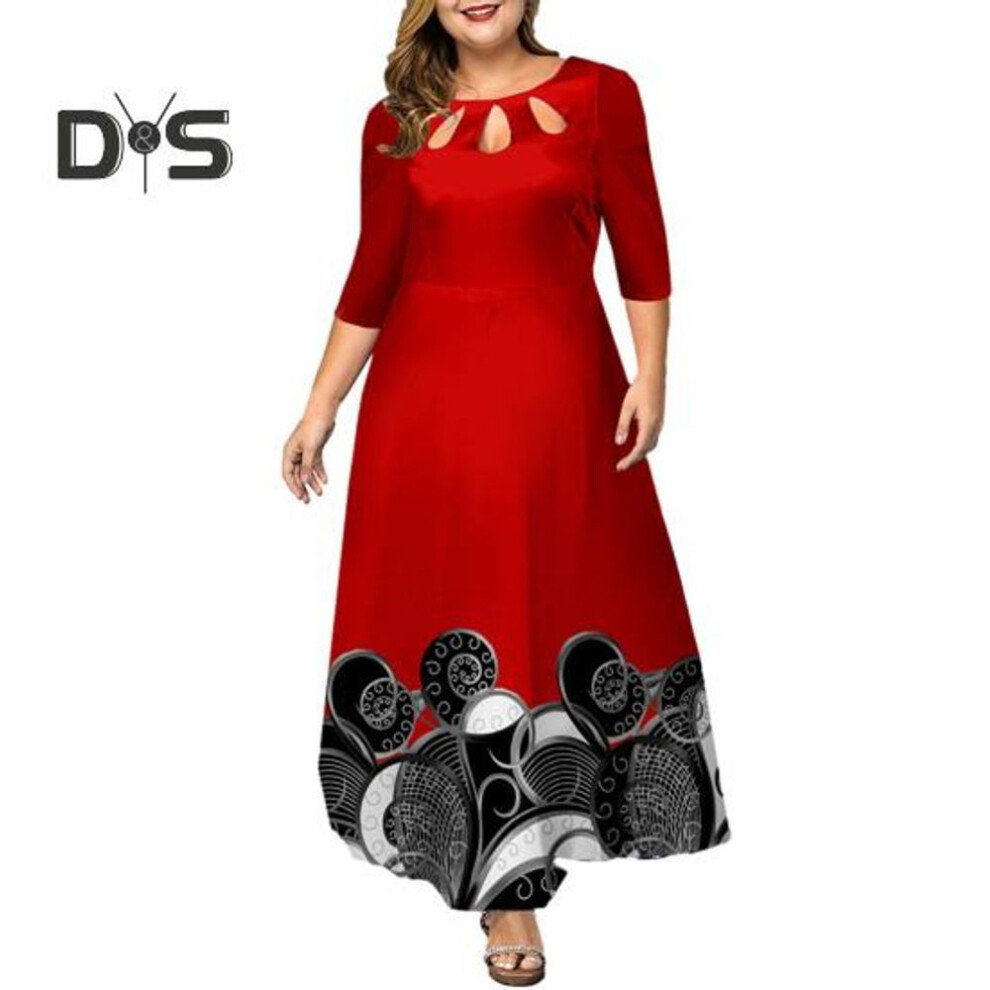 (red, 4XL) Women O neck 3/4 Sleeve Maxi Dress Hollow Out Printing Loose Hem High Waist A Line Gown Long Dress Female Clothing