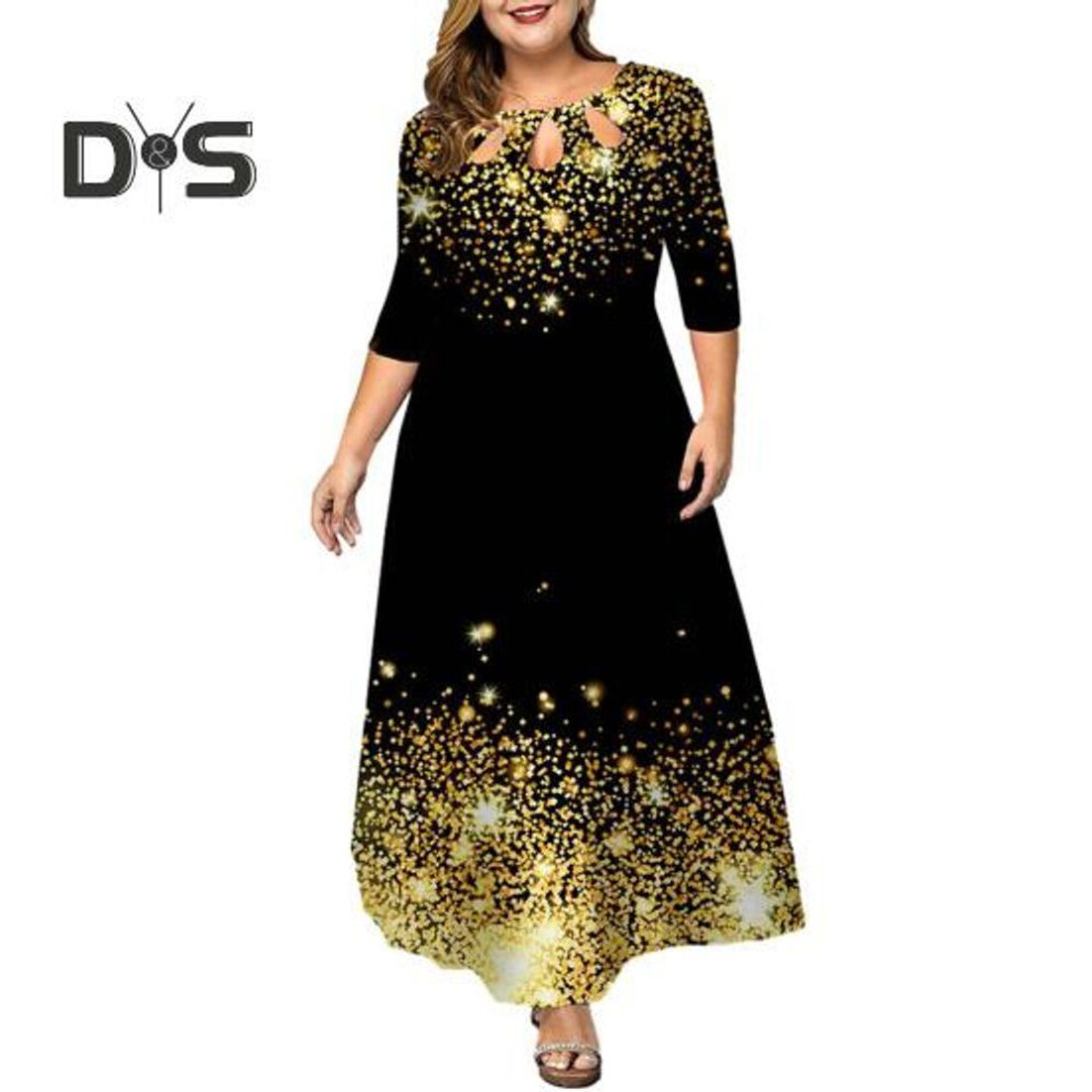 (black, 3XL) Women O Neck 3/4 Sleeve Maxi Dress Hollow Out Printing Loose Hem High Waist A Line Gown Long Dress Female Clothing